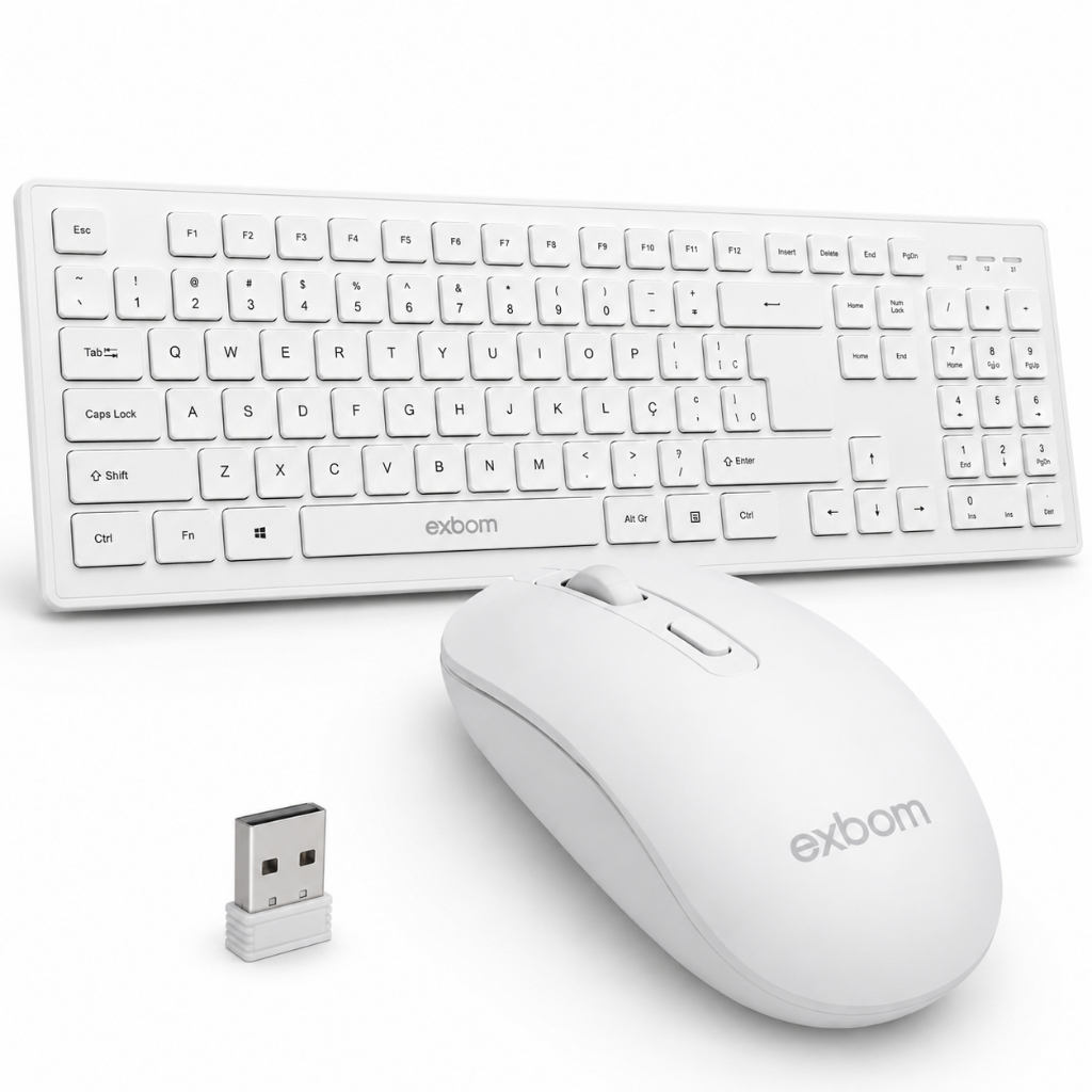Teclado Mouse Sem Fio Branco ABNT2 USB Slim Silencioso PC Notebook Home Office PLUG AND PLAY EXBOM
