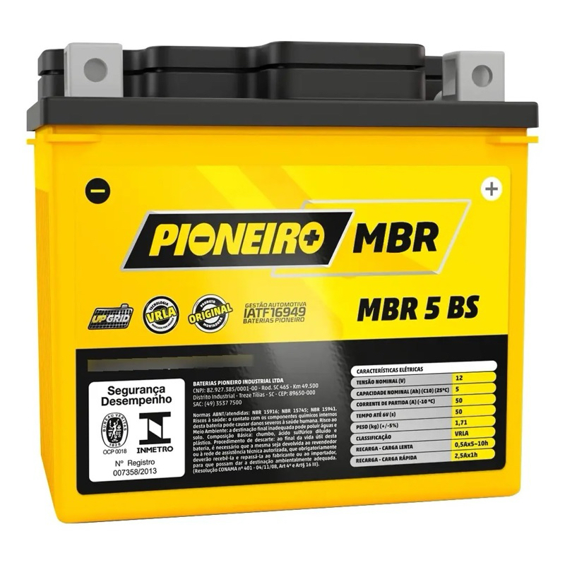 Pioneiro Moto MBR 5BS 12V 5AH - 1 Ano de Garantia de Fábrica