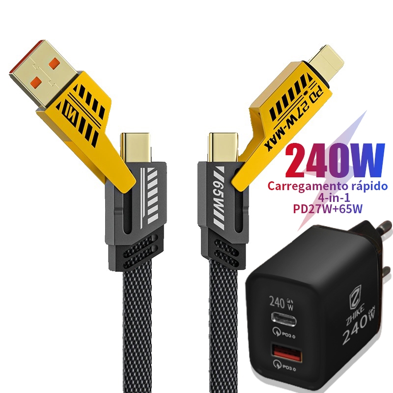 Cabo Carregador 4 em 1 USB Tipo C Para iP 1M Nylon Trançado GaN Adaptador Carregamento Rápido Dados
