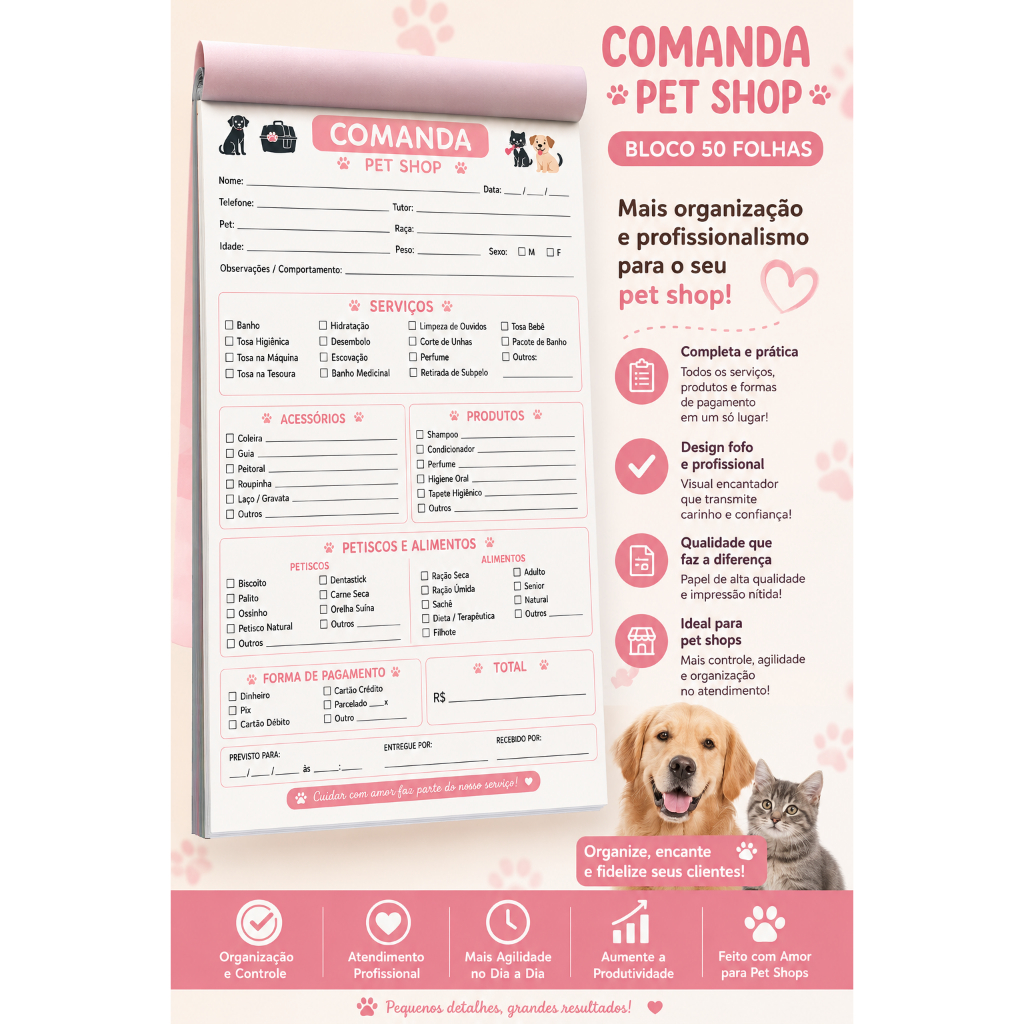 Comanda para Pet Shop 100 folhas medida 20x14 cm