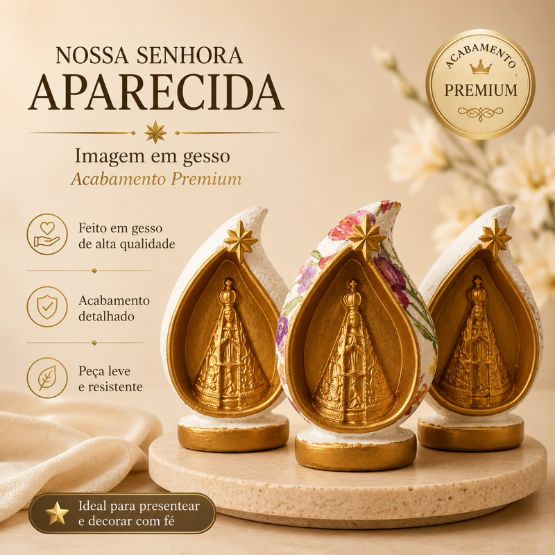 imagem nossa senhora aparecida 15cm | manto com tulipas ou branco | lembrancinha gota gruta dourado gesso
