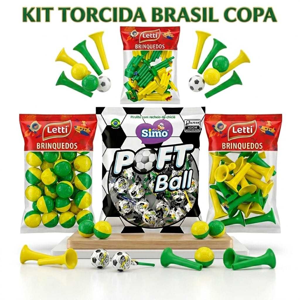 Kit Torcida Brasil Copa Verde Amarelo Pirulito Poft Ball Corneta Apito Bolinha Festa Fute…
