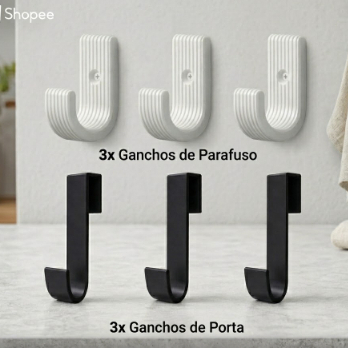 Kit 6 Ganchos Multiuso: 3 Ganchos de Parafuso  + 3 Ganchos de Porta – Organização Sem Furos