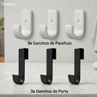 Kit 6 Ganchos Multiuso: 3 Ganchos de Parafuso  + 3 Ganchos de Porta – Organização Sem Furos