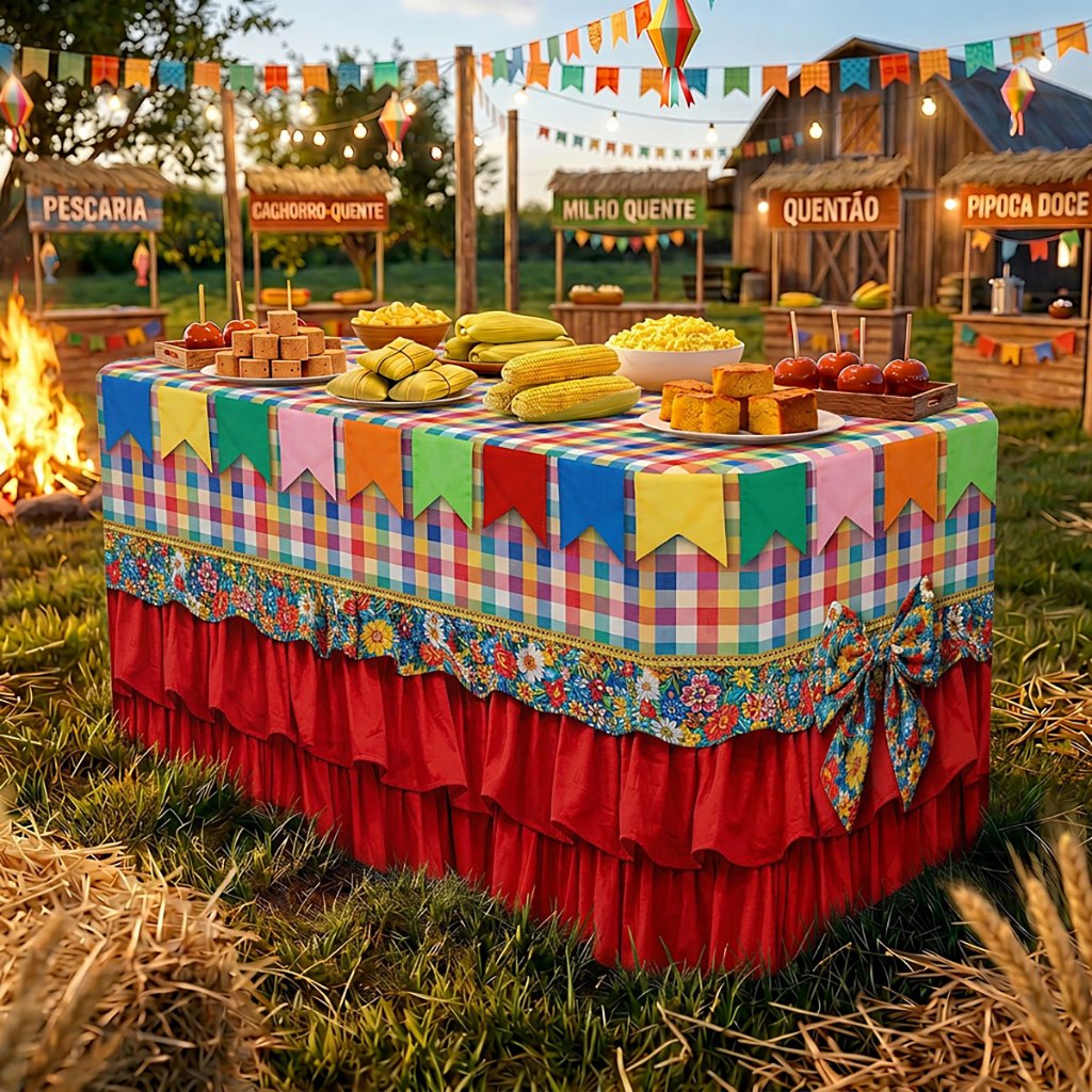 Capa Toalha de Mesa Decoração Festa Junina Arraiá São João Sublimado Em Tecido Veste Fácil