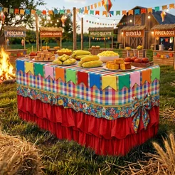Capa Decoração de Mesa Festa Junina Arraiá São João Sublimado Toalha Em Tecido Veste Fácil