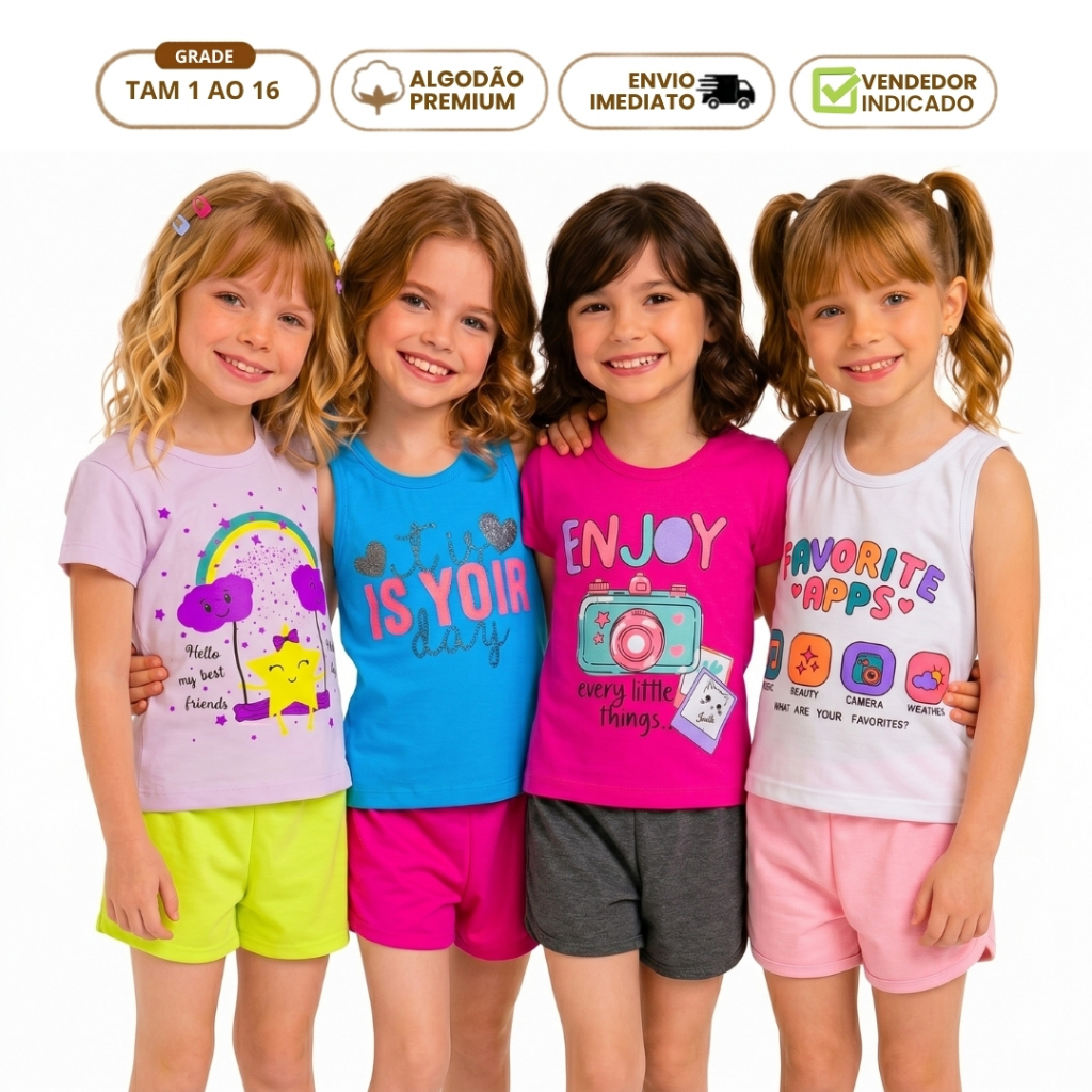 Conjunto Infantil Feminino Verão Bermuda e Camiseta Algodão Roupa Menina Calor Escolar Confortável