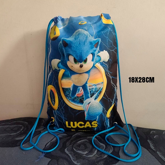 Sacochila Mochilinha Sacolinha Mochila tipo saco Bolsinha tecido personalizada Sonic Festa Lembrancinha Brinde 18x28cm