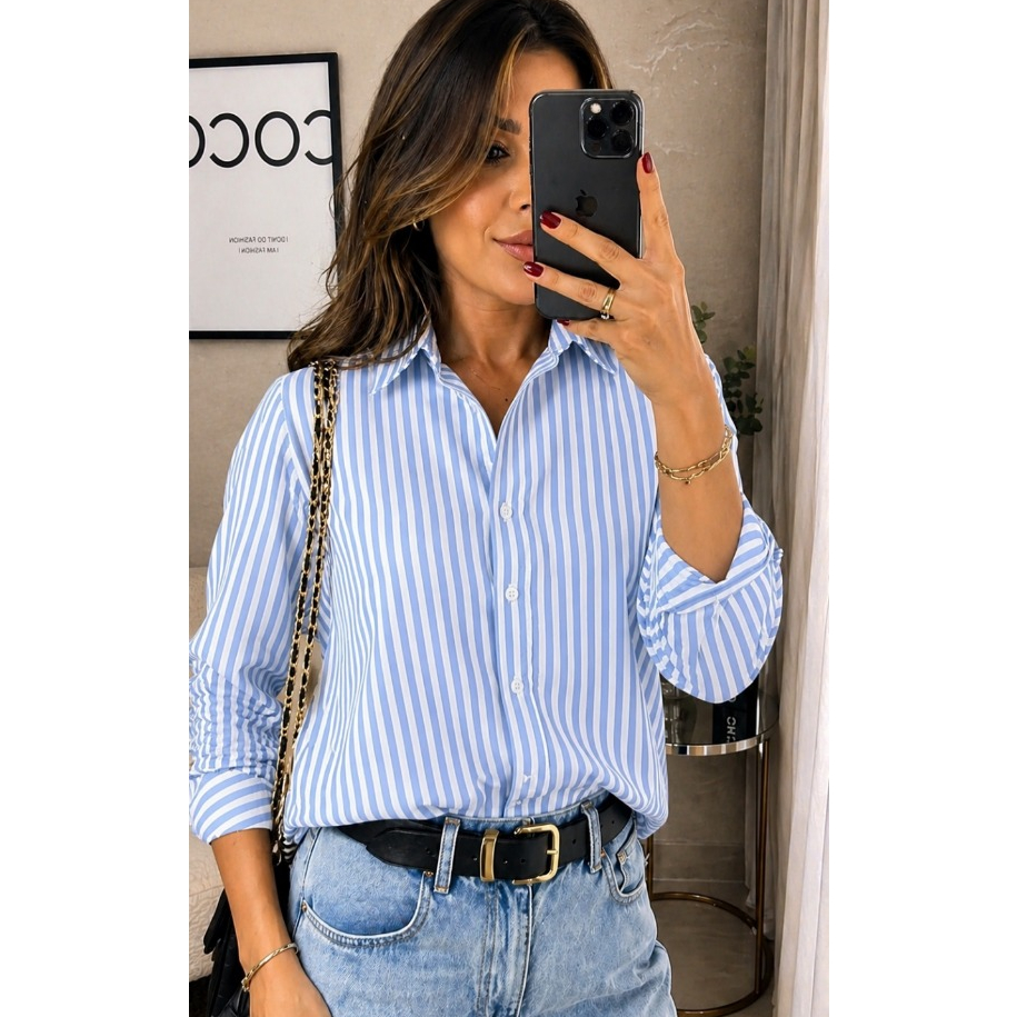 Camisa listrada feminina elegante - moda casual em crepe premium