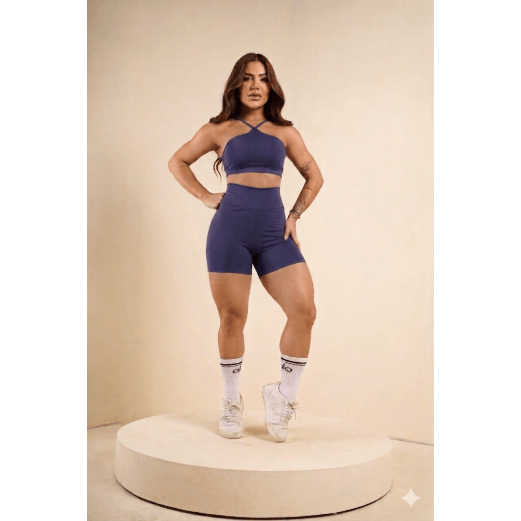 Conjunto de Academia Feminino Top + Short Azul Royal Curto Cintura Alta sem Transparência com Bojo Removível