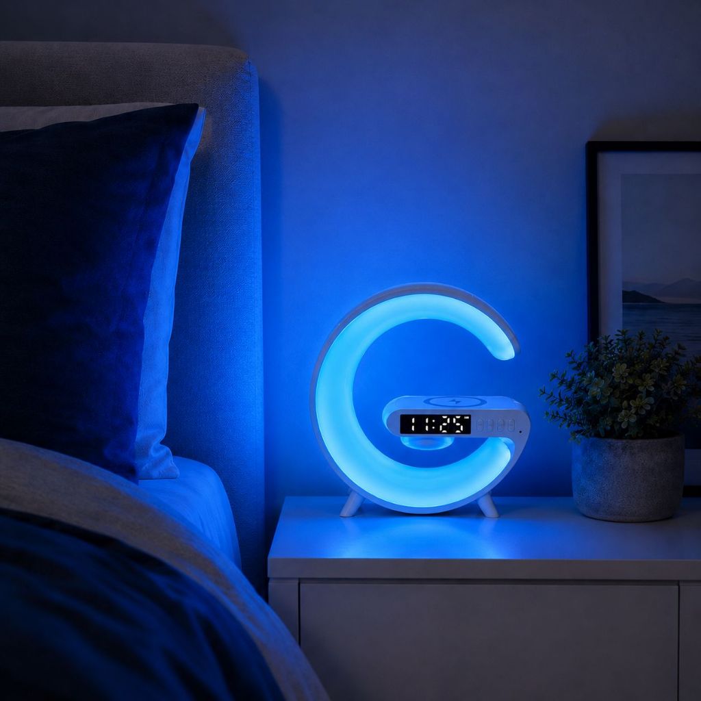 Luminária Smart G63 LED RGB Com Relógio Despertador Carregamento Sem Fio Bluetooth Luz Ambiente Mesa Quarto Criado-Mudo