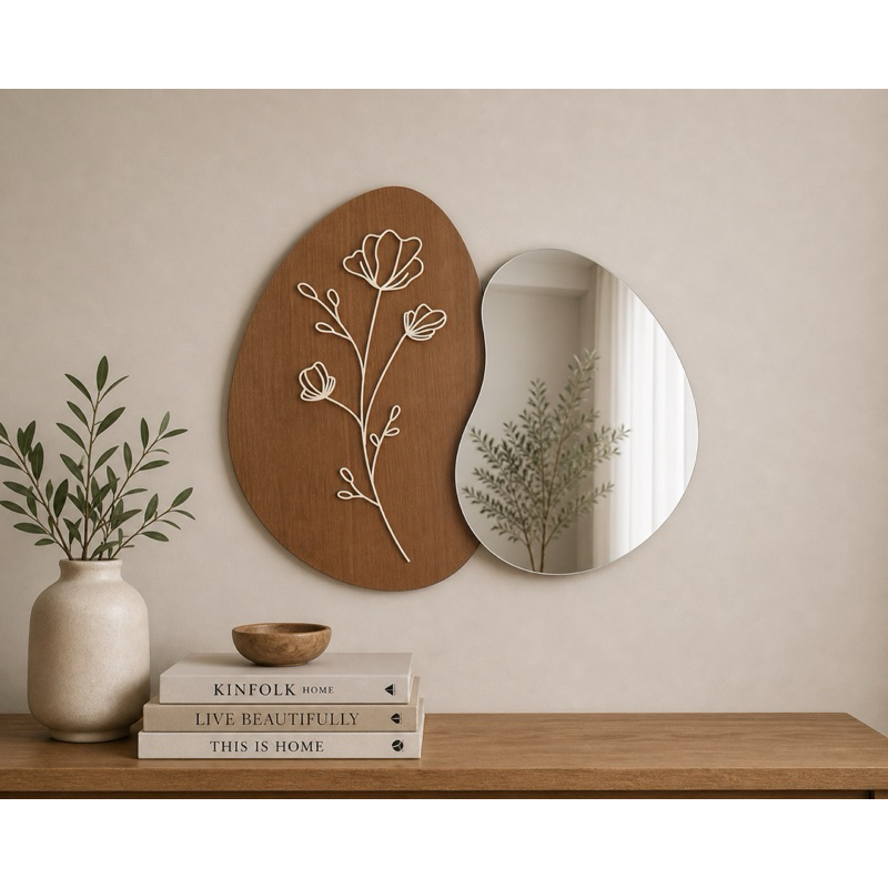 Quadro Decorativo Orgânico com Espelho Acrílico e Flor Minimalista em MDF Moderno e Elegante