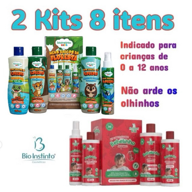 Kit Bio Instinto Kids 2 Kits com 8 Itens – Kit Cabelo e Corpo Amazônia +Kit Bebelinho Morango– Não Arde os Olhinhos