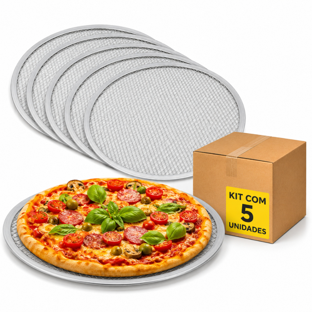 Kit Tela Pizza Em Alumínio 35cm 5 Peças P/ Assar Mais Rápido