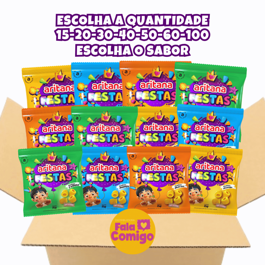 Salgadinho Lembrancinha Festa 15/20/30/50/60/100un 15g Bacon Queijo Cebola Sortido Aritana