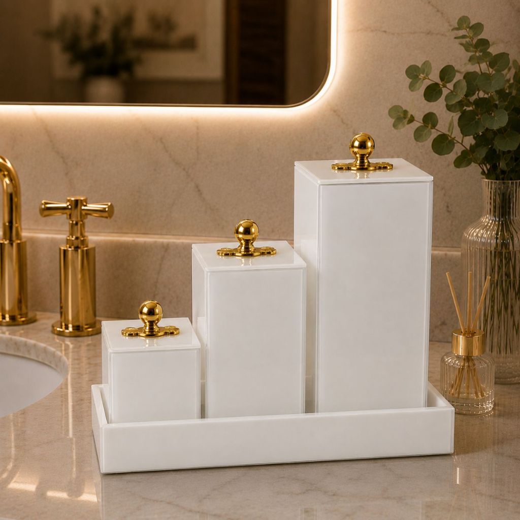 Kit De Banheiro 4 Peças Porta Escova 20x7 + Porta Cotonete 15x7 + Algodãox10x7 E Bandeja Dupla Vidro Luxo
