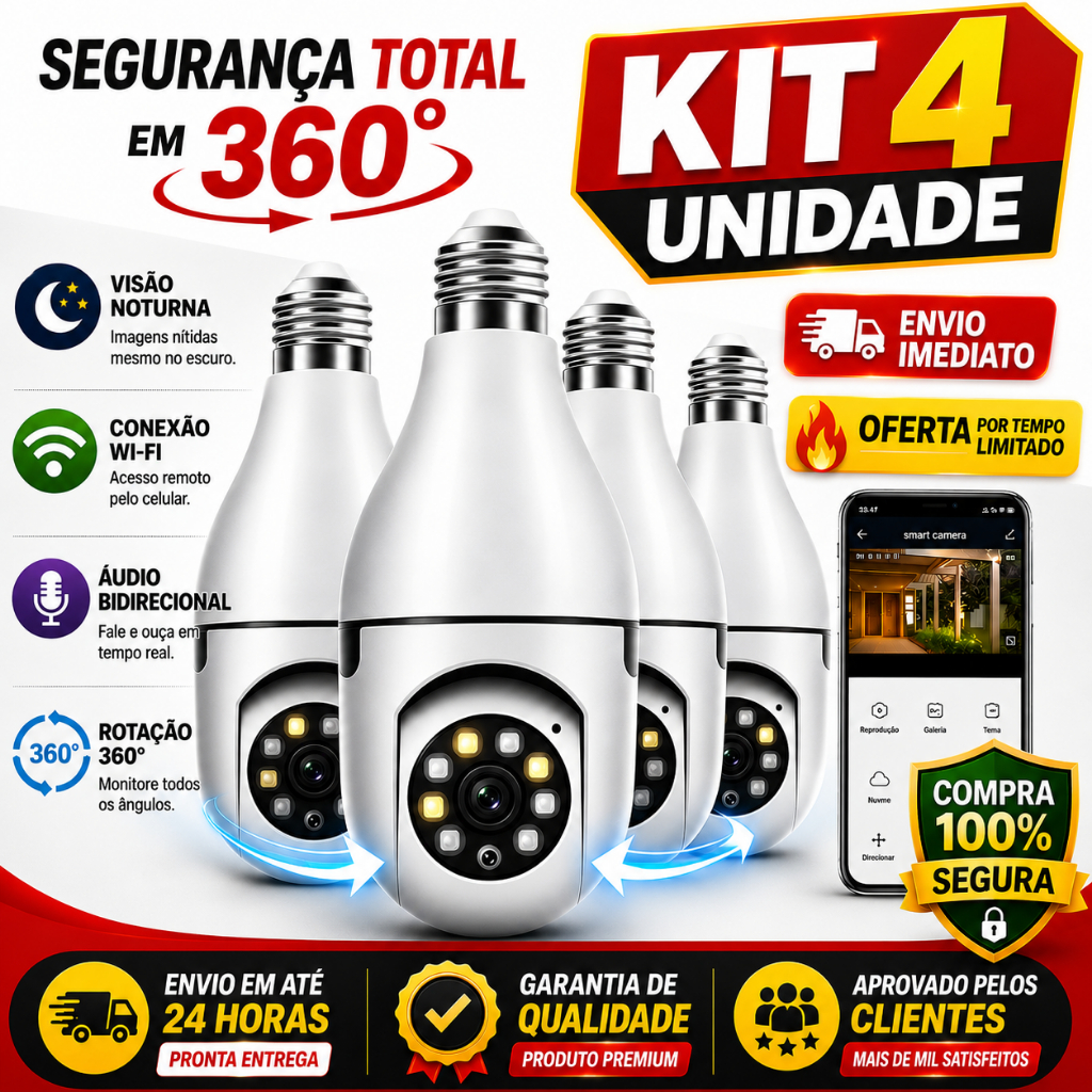 Kit 4/3/2 Câmera Lâmpada WiFi 360° Segurança IP 1080p Visão Noturna Áudio Monitoramento App