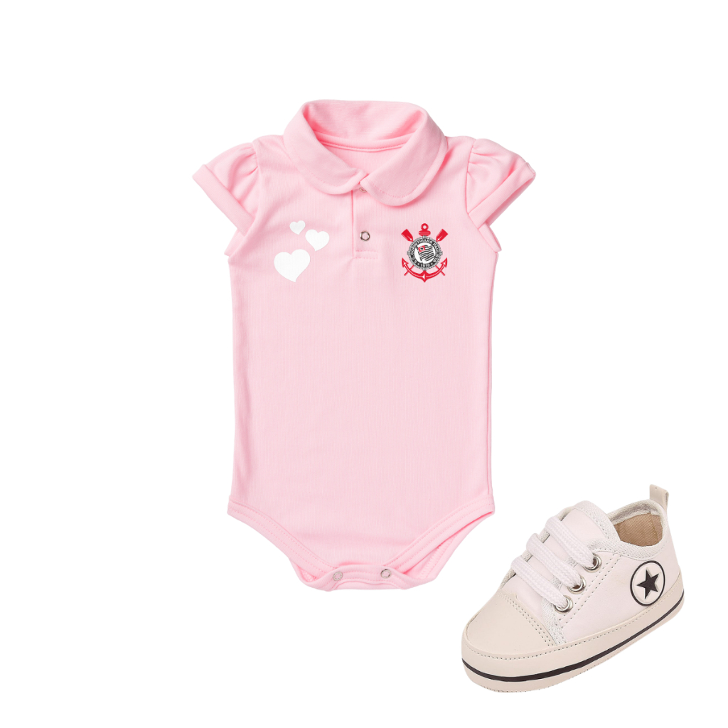Kit 2 Peças Body Corinthians Rosa Torcida Baby Oficial e Tênis Bebe Mania Star 71303