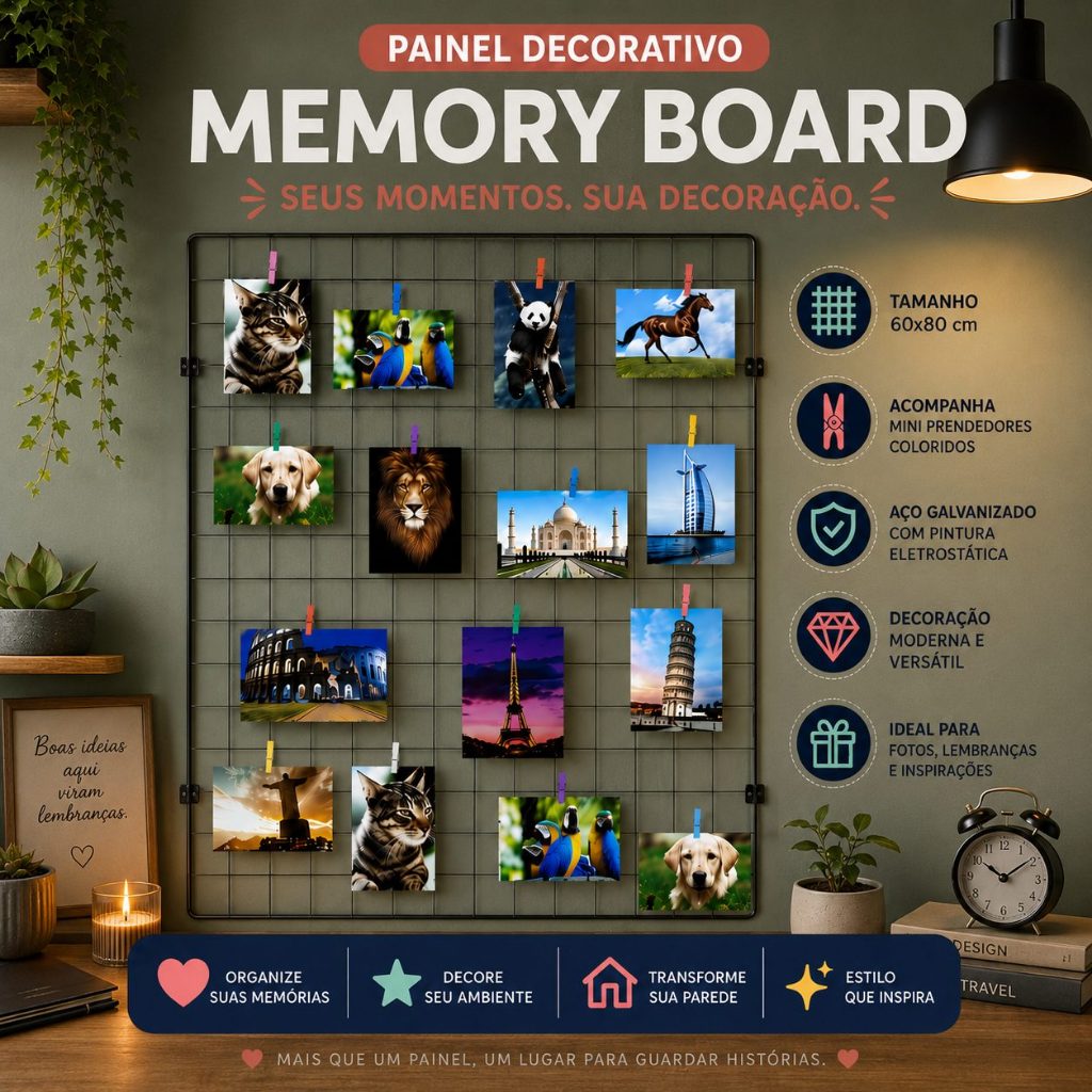 Memory Board Painel de Fotos 60x80cm 20 Mini Prendedores Quadro Recados Tela Aramada Mural De Recado