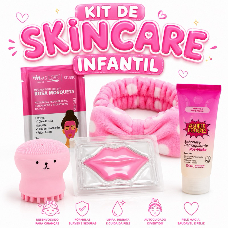 Kit de Skincare Infantil Presente Rosa Hidratação Facial Máscara Labial Faixa e Escova Facial