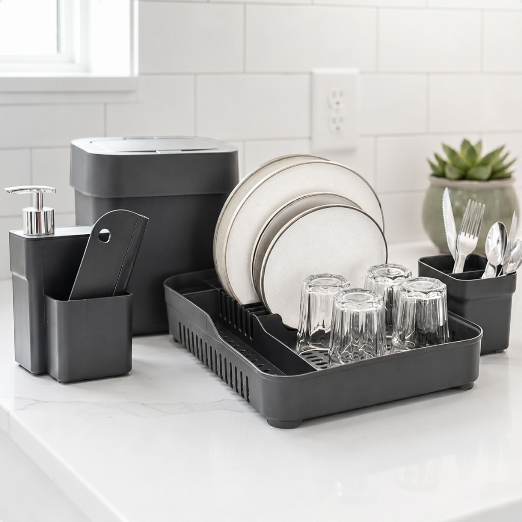 Kit Pia De Cozinha Completo Lixeira Escorredor Dispenser Porta Deterente Rodinho Escorredor De Talher Louça Resistente