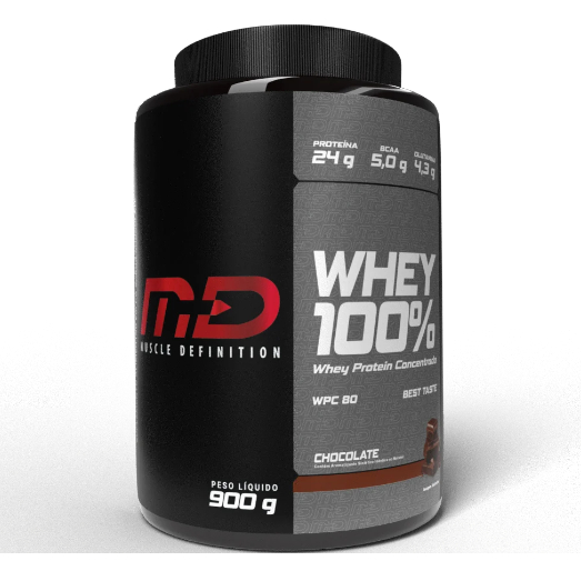 100% Whey Concentrado - MD - Dose 32g - 24g Proteína 3,9g Carbo - Pote 900g - Chocolate