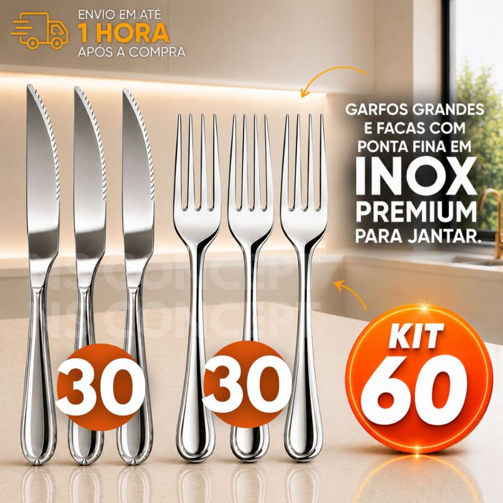 Kit 60 Talheres Inox Inoxidável – 30 Garfos + 30 Facas | Resistência, Beleza e Durabilidade no Dia a Dia