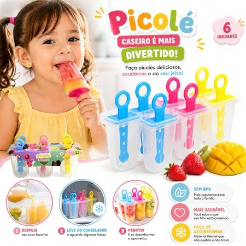 Forma de Picolé Caseiro Infantil 6 Unidades | BPA Free Picoleteira Reutilizável