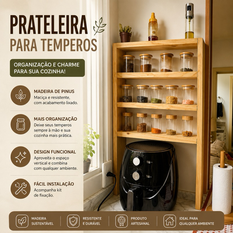 Prateleira Porta Temperos Para Airfryer Madeira Pinus 42x79cm Organizador Cozinha