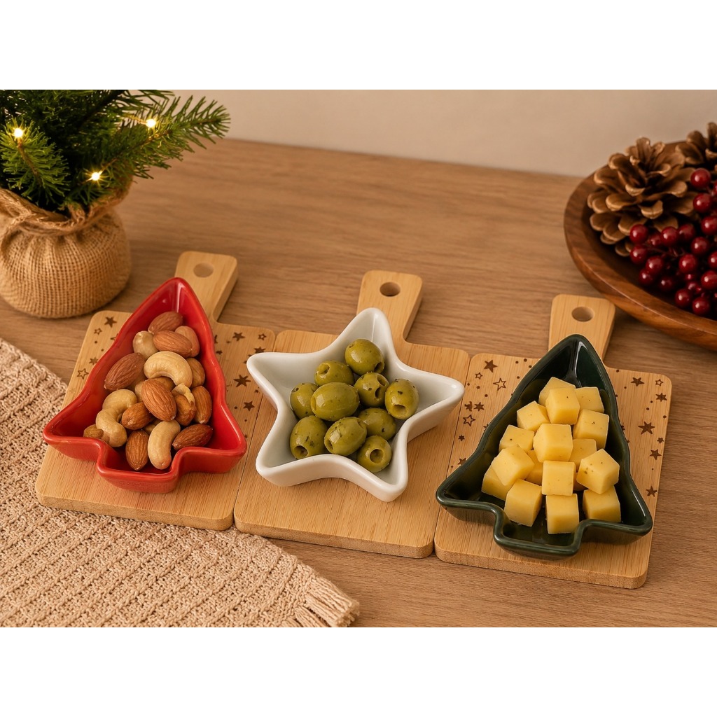 Kit Natal Cromus com 3 Petisqueiras Árvore e Estrela em Cerâmica com Tábua de Bambu