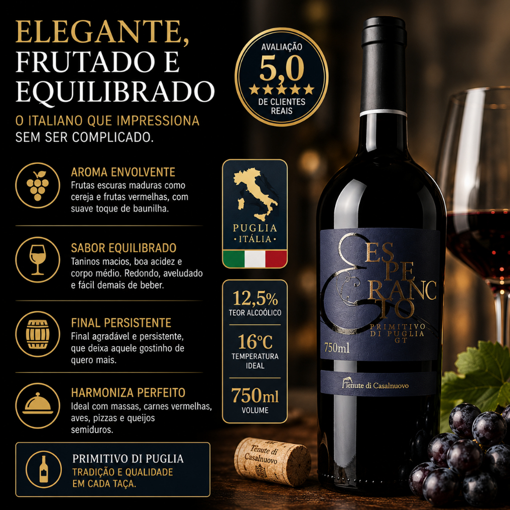 Vinho Fino Italiano Meio Seco Esperanto Primitivo 750 ML