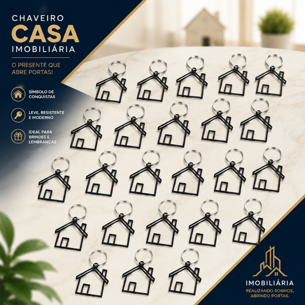 kit 25 Chaveiros Casa Minimalista | Brinde Entrega de Chaves