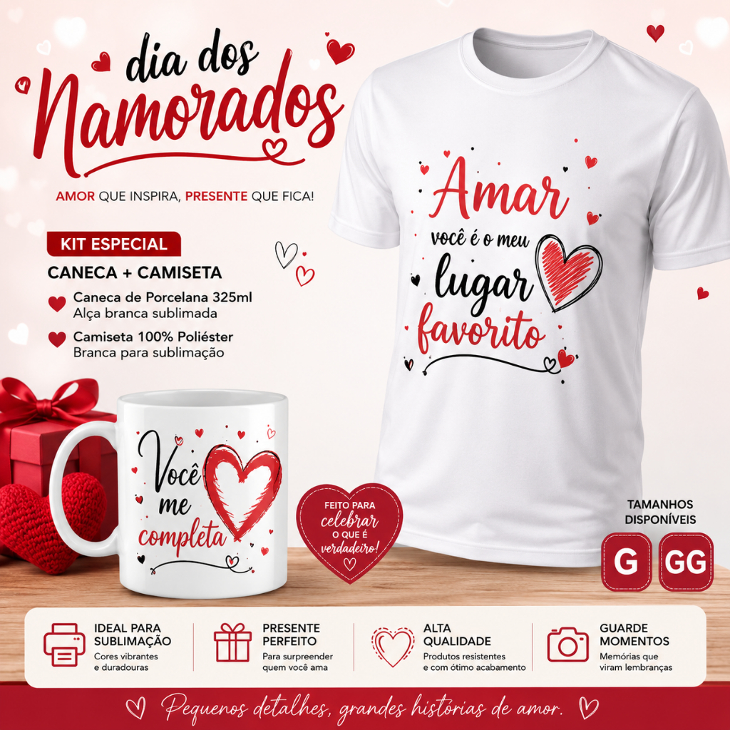 Kit Caneca + Camiseta Dia dos Namorados Branca Sublimado Personalizado Namorado (a) Amor Casal