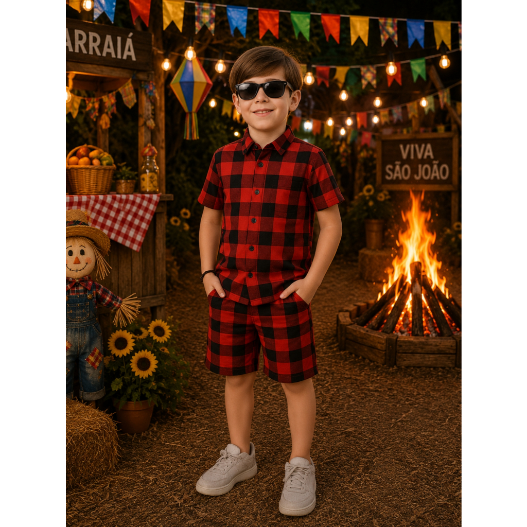 Conjunto Infantil Xadrez Menino Camisa Manga Curta e Shorts Estilo Mauricinho Festa Junina