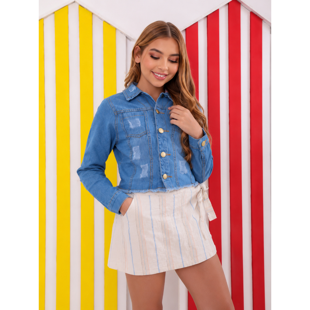 Jaqueta Jeans Juvenil Feminina Infantil Manga Longa com Botões Barra Desfiada Moderna