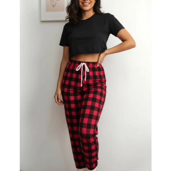calça pijama jogger tecido aveludado xadrez vermelho natal Tam GG