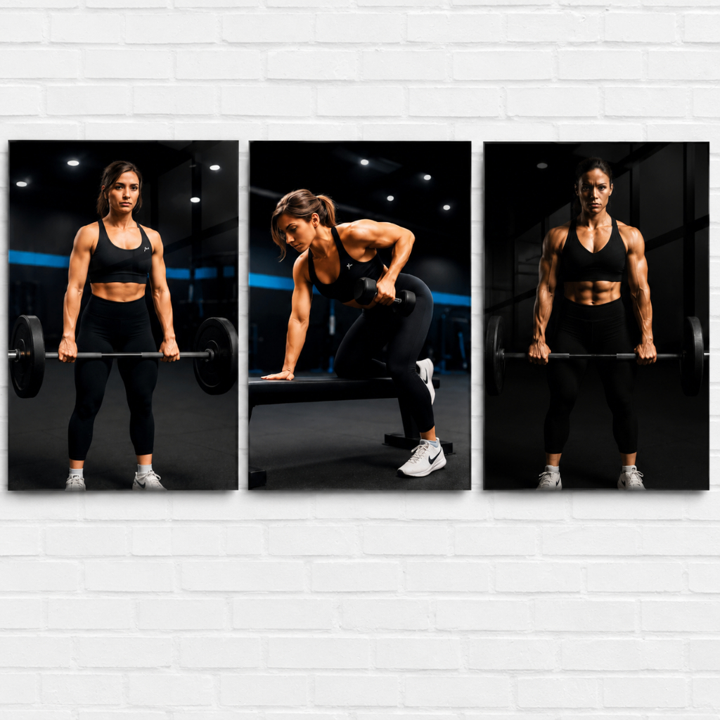Quadros Decorativos 3 Peças Mulher Fitness Academia | Quadro de Decoração