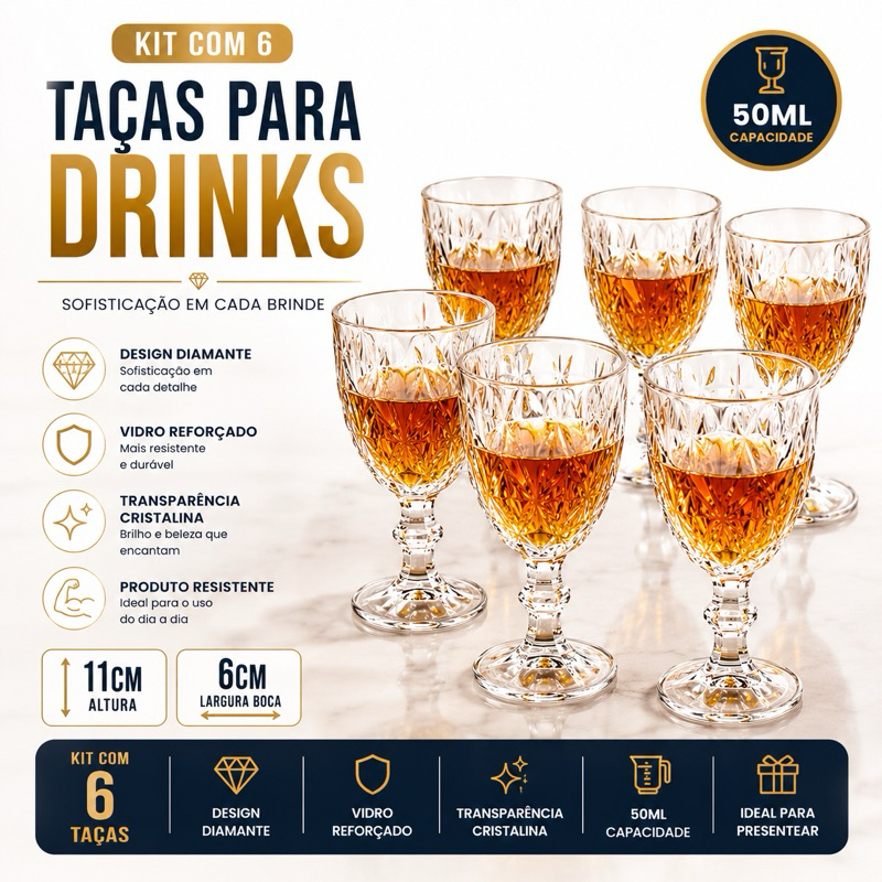 Kit 6 Taças de Licor 11cm x 6cm Diamond 50ml Vidro Límpido Dose Vidro Grosso Envio Imediato