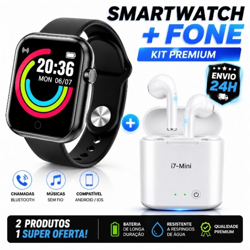 Smartwatch Relógio Inteligente D20 + Fone Bluetooth i7 Mini Sem Fio Display Powerbank