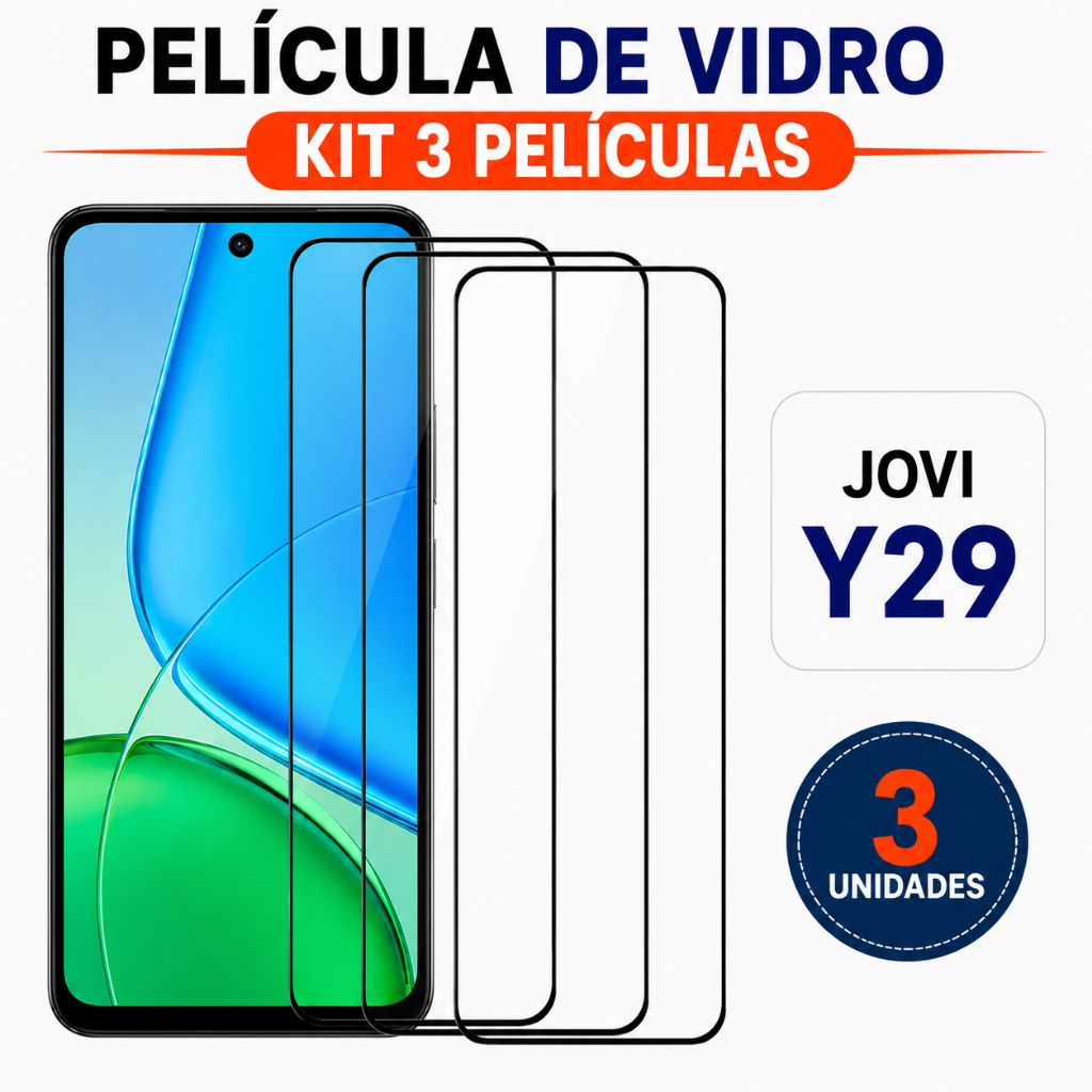 Kit 3 Películas de Vidro 3D Para Jovi Y29 – Anti Risco e Alta Resistência + 3 Kit Limpeza