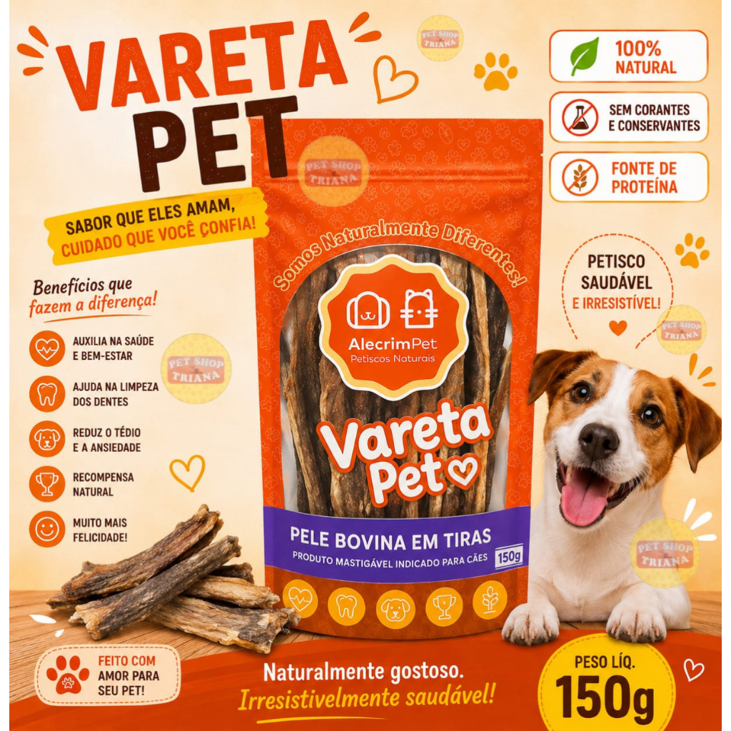 Petisco Vareta Pet  Pele Bovina  em Tiras Alecrim Pet 150g Mordedor Natural Osso Brinquedo Pet