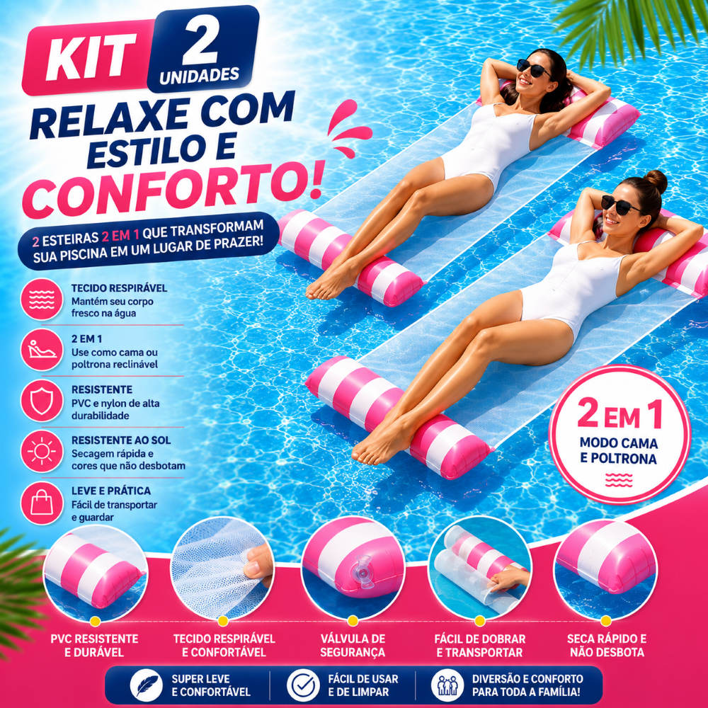 Kit 2 Bóia Rede Inflável Piscina 4 em 1 Flutuante Colchão Praia Inflável p/ Água Reclinável Listrada