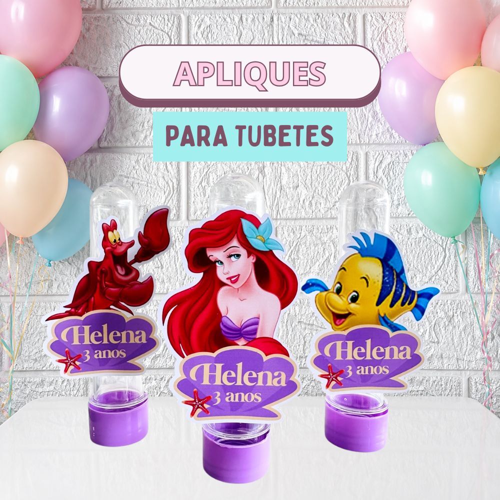 Apliques 3D para Tubetes 13cm Lembrancinha Aniversario Infantil Personalizado Ariel a Pequena Sereia