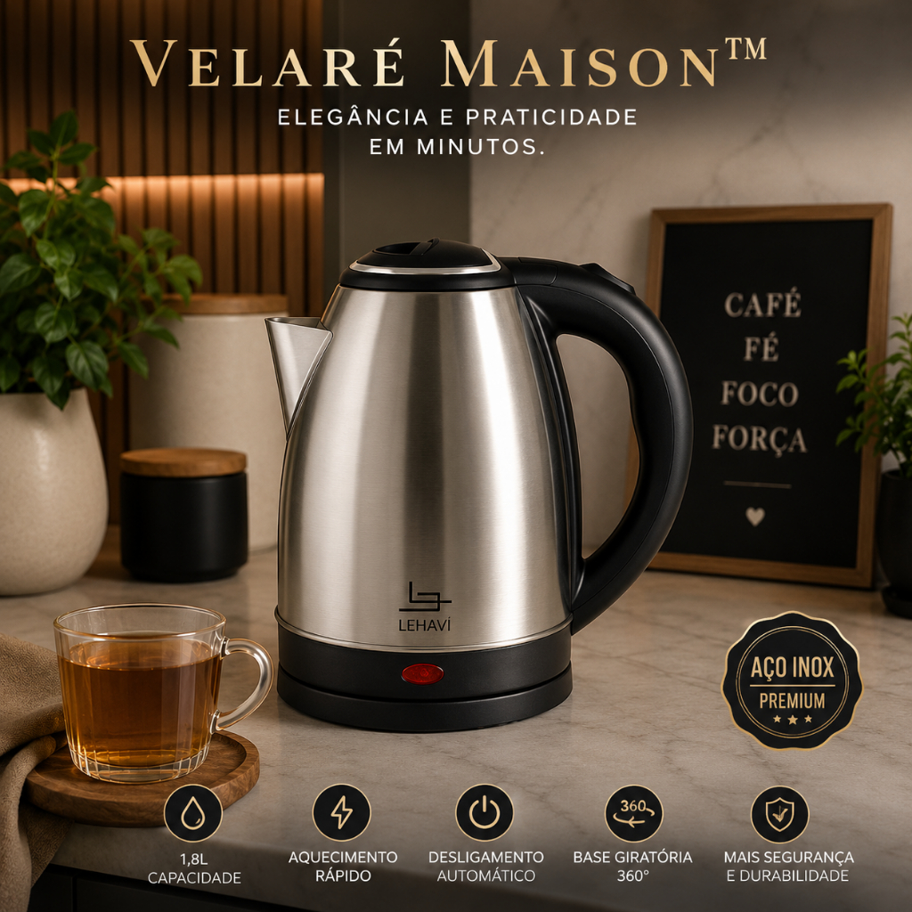 Chaleira Elétrica Inox 220V 1.8L Aquecimento Rápido Desligamento Automático Base