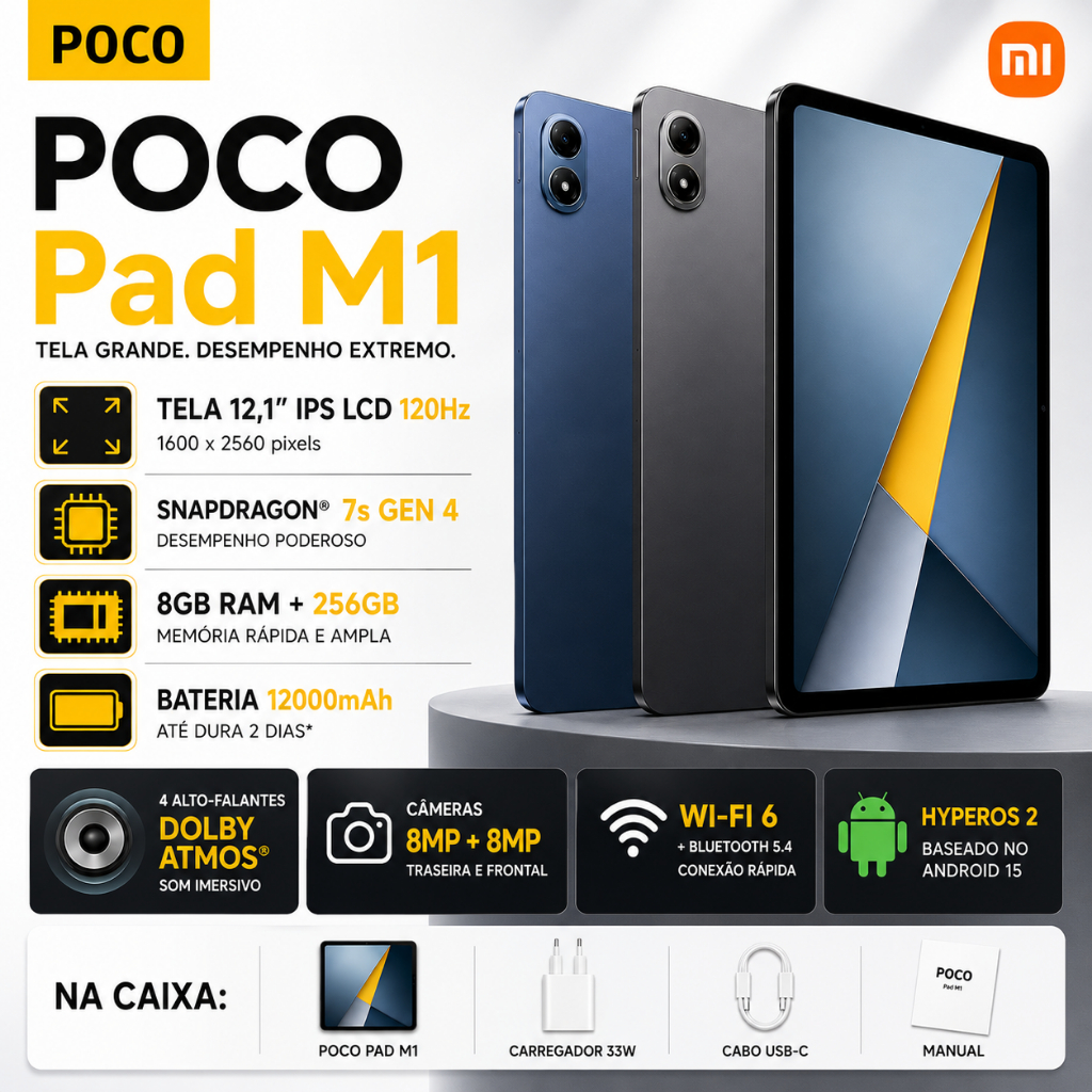 Tablet Xiaomi POCO Pad M1, Tela LCD 12,1", Câmera 8MP, Versão Global, Original