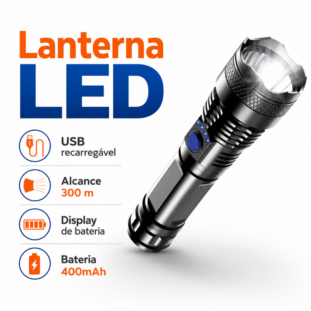 Lanterna LED Recarregável HW04 USB 400mAh Longo Alcance 300m Camping Pesca