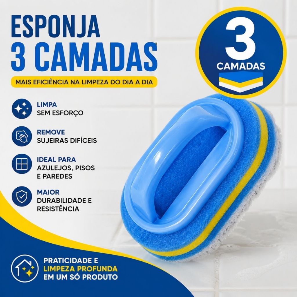 Esponja De Limpeza Doméstica 3 Camadas Com Cabo Esponja De Plástico Multifuncional Cozinha