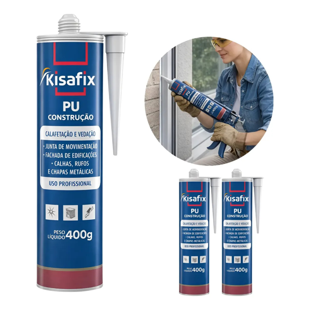Kit 2un Selante Pu 40 Kisafix Preto Adesivo Poliuretano Cola Profissional Calha Rufos Chapas Metálicas Casas Vedação