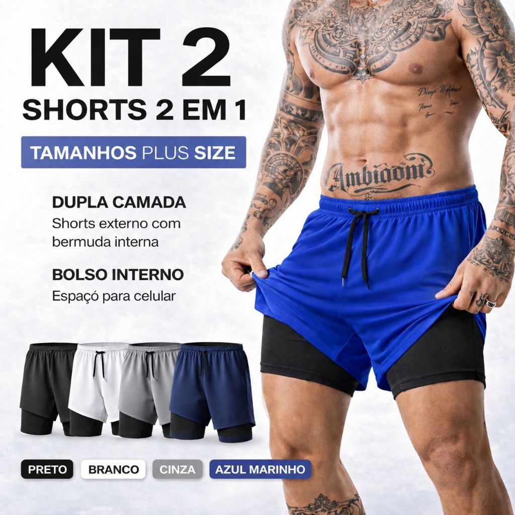 Kit 2 Bermuda 2 em 1 PLUS SIZE Original Esporte Treino Masculino Corrida Casual Shorts