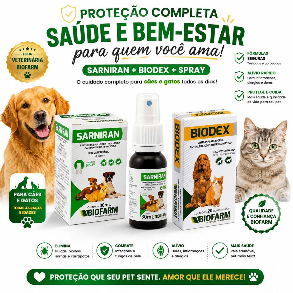 Medicamentos Anti-inflamatório Dermatite Cães E Gatos Sarniran 30ml Biodex Com 20 Comprimidos